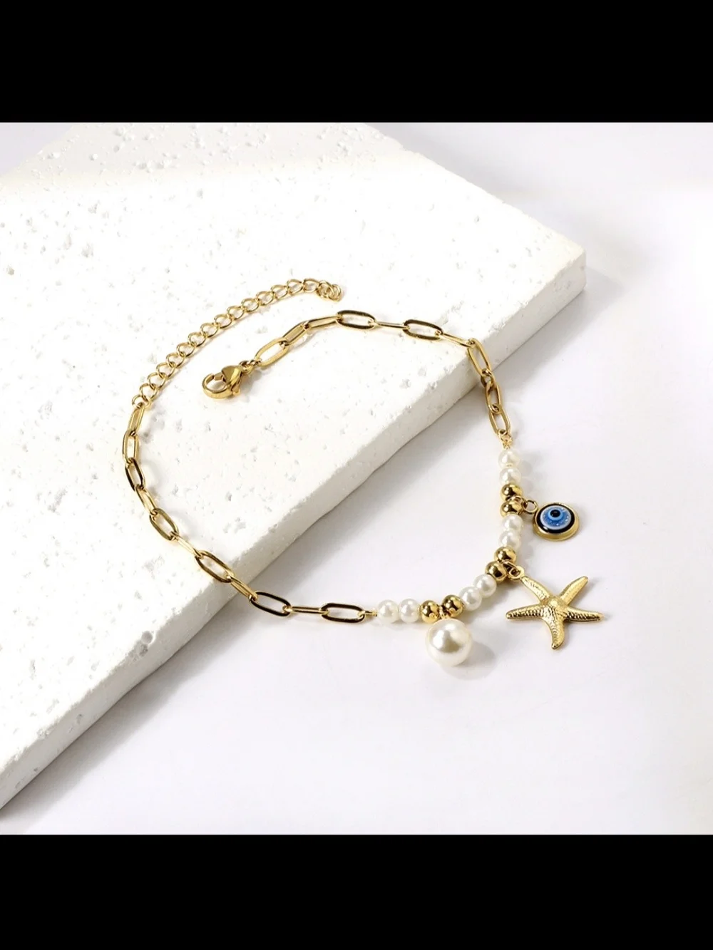 Gold Pearl Starfish Charm Anklet with Blue Evil Eye - Women Jewelry